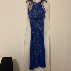 Blue Lace Two Piece Prom Dress With Tan Lining.